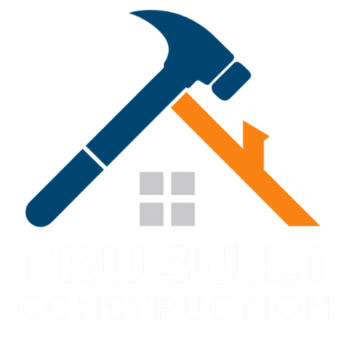 Blue hammer and orange roof, home repair and construction logo
